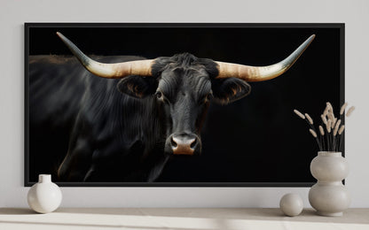 Black Texas Longhorn Wall Art - Extra Large Framed Canvas Print | Rustic Western Decor
