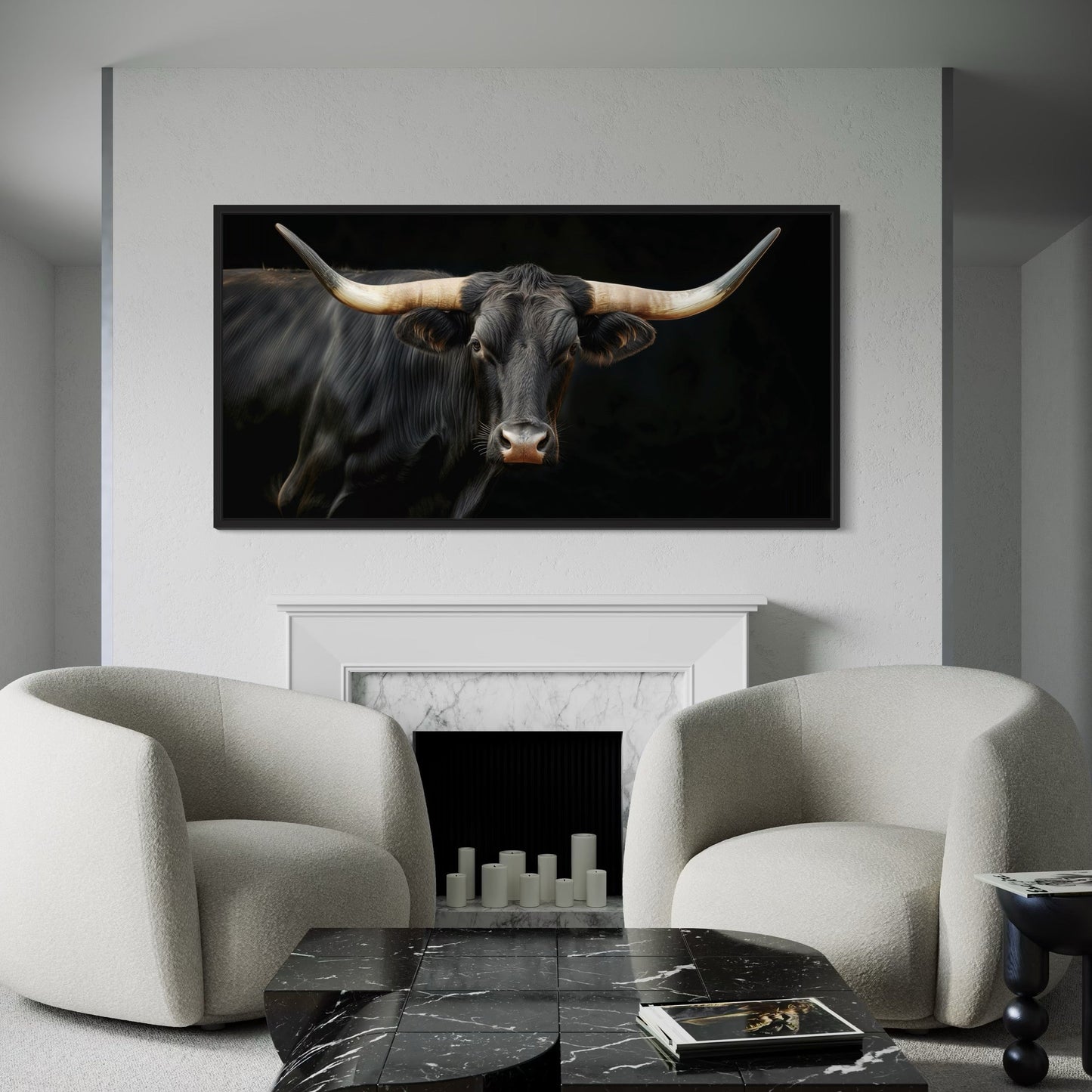 Black Texas Longhorn Wall Art - Extra Large Framed Canvas Print | Rustic Western Decor