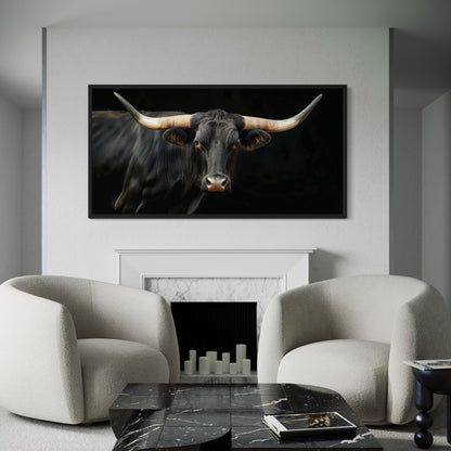 Black Texas Longhorn Wall Art - Extra Large Framed Canvas Print | Rustic Western Decor