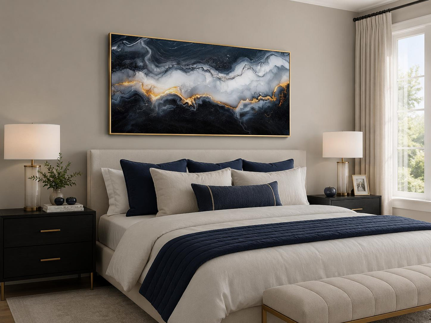 Black White Gold Abstract Marble Painting | Living Room Canvas Print