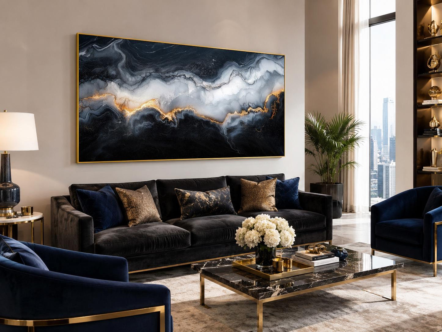 Black White Gold Abstract Marble Painting | Living Room Canvas Print