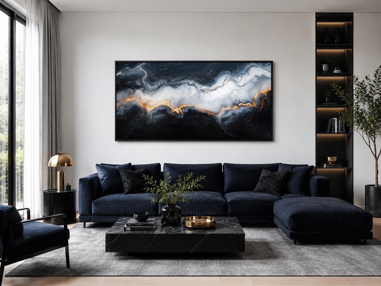 Black White Gold Abstract Marble Painting | Living Room Canvas Print