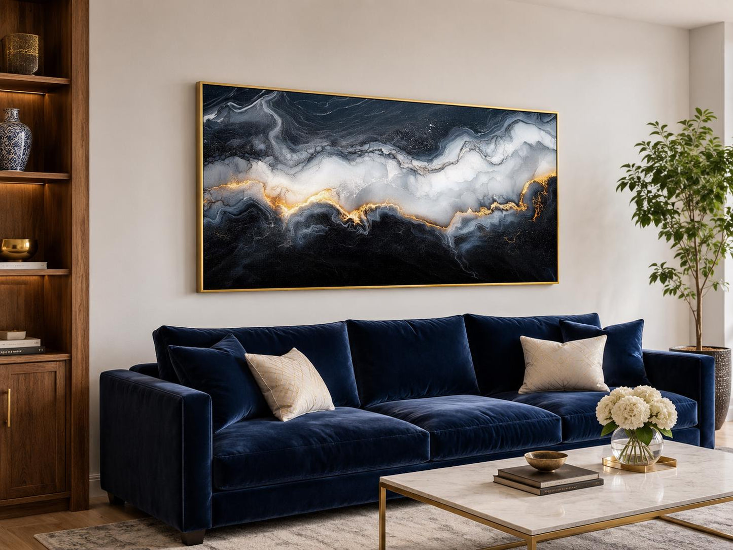 Black White Gold Abstract Marble Painting | Living Room Canvas Print