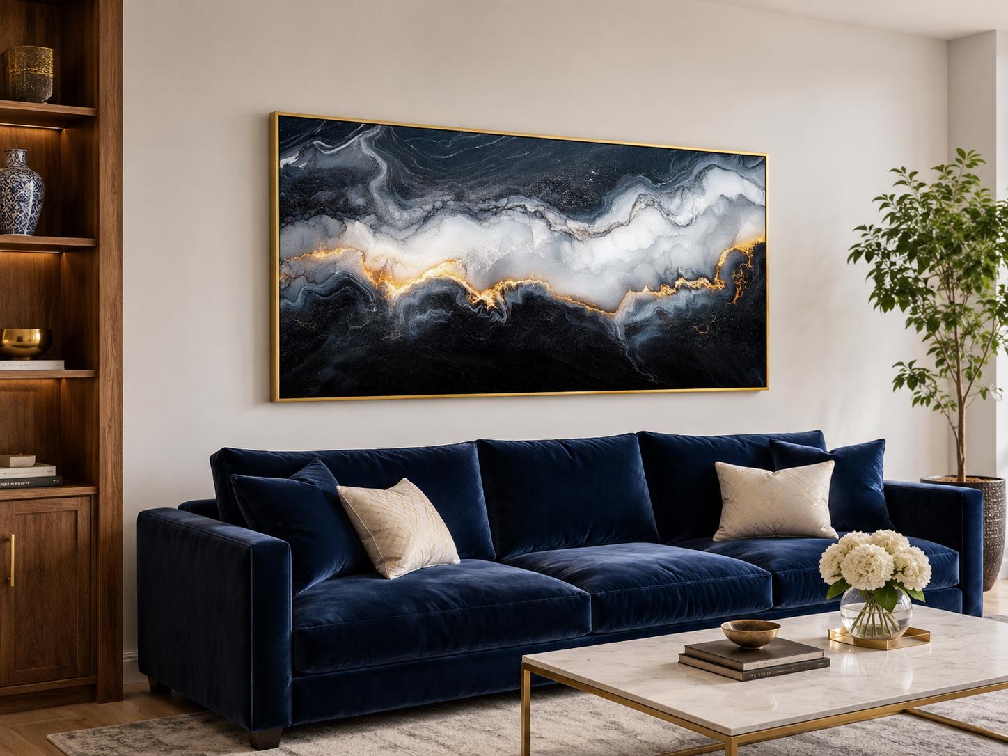 Black White Gold Abstract Marble Painting | Living Room Canvas Print