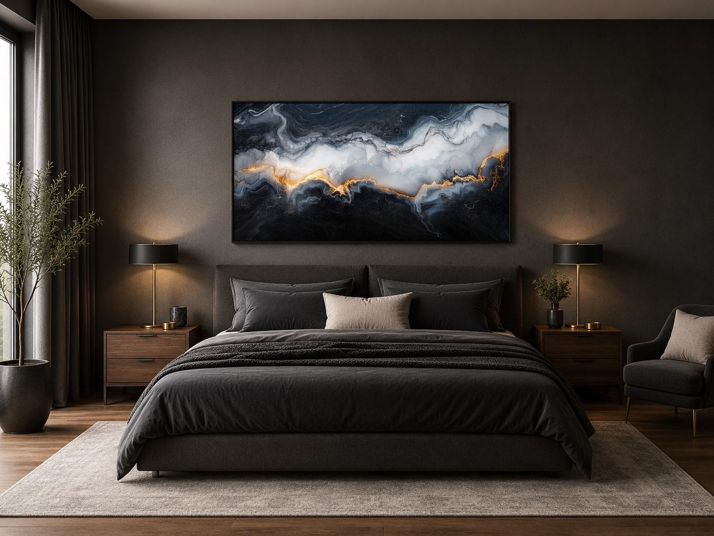 Black White Gold Abstract Marble Painting | Living Room Canvas Print