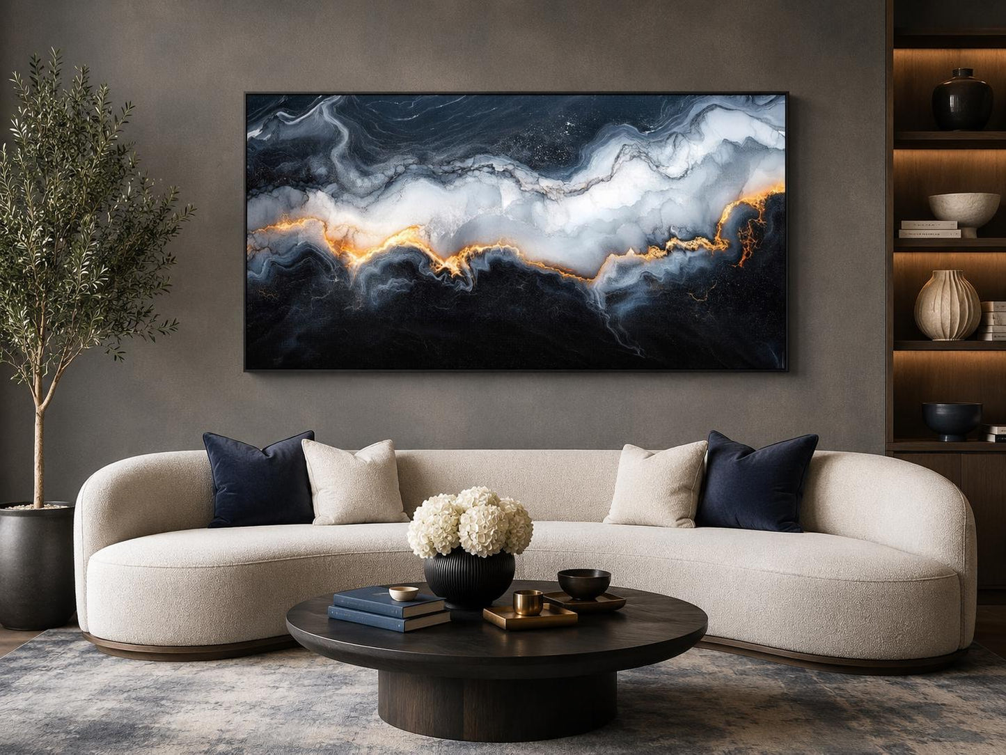 Black White Gold Abstract Marble Painting | Living Room Canvas Print