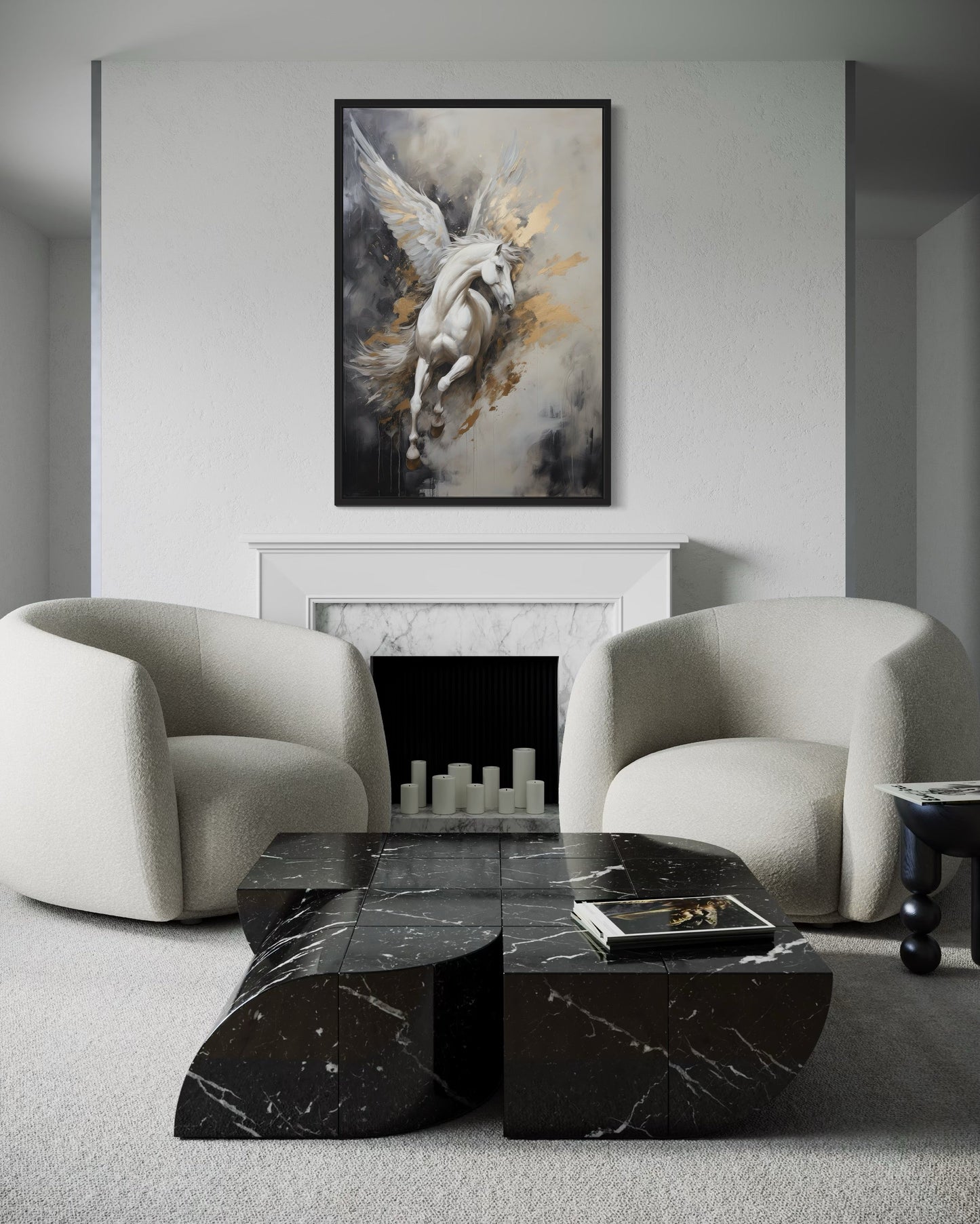 Black White Gold Pegasus Framed Canvas Wall Art