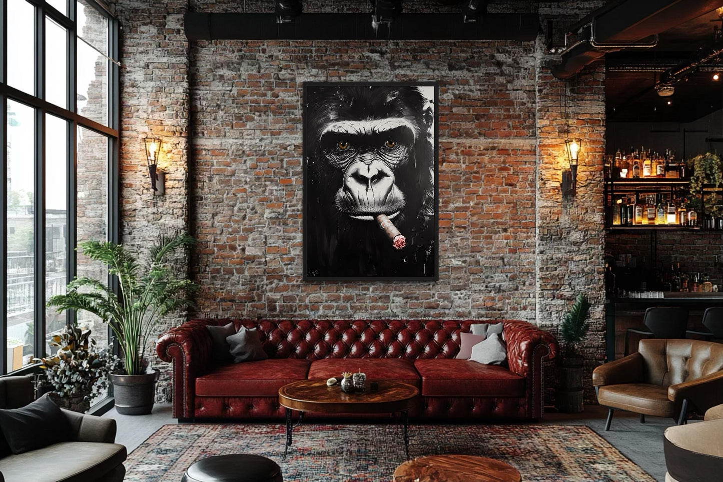 Black White Gorilla Smoking Cigar Canvas Wall Art