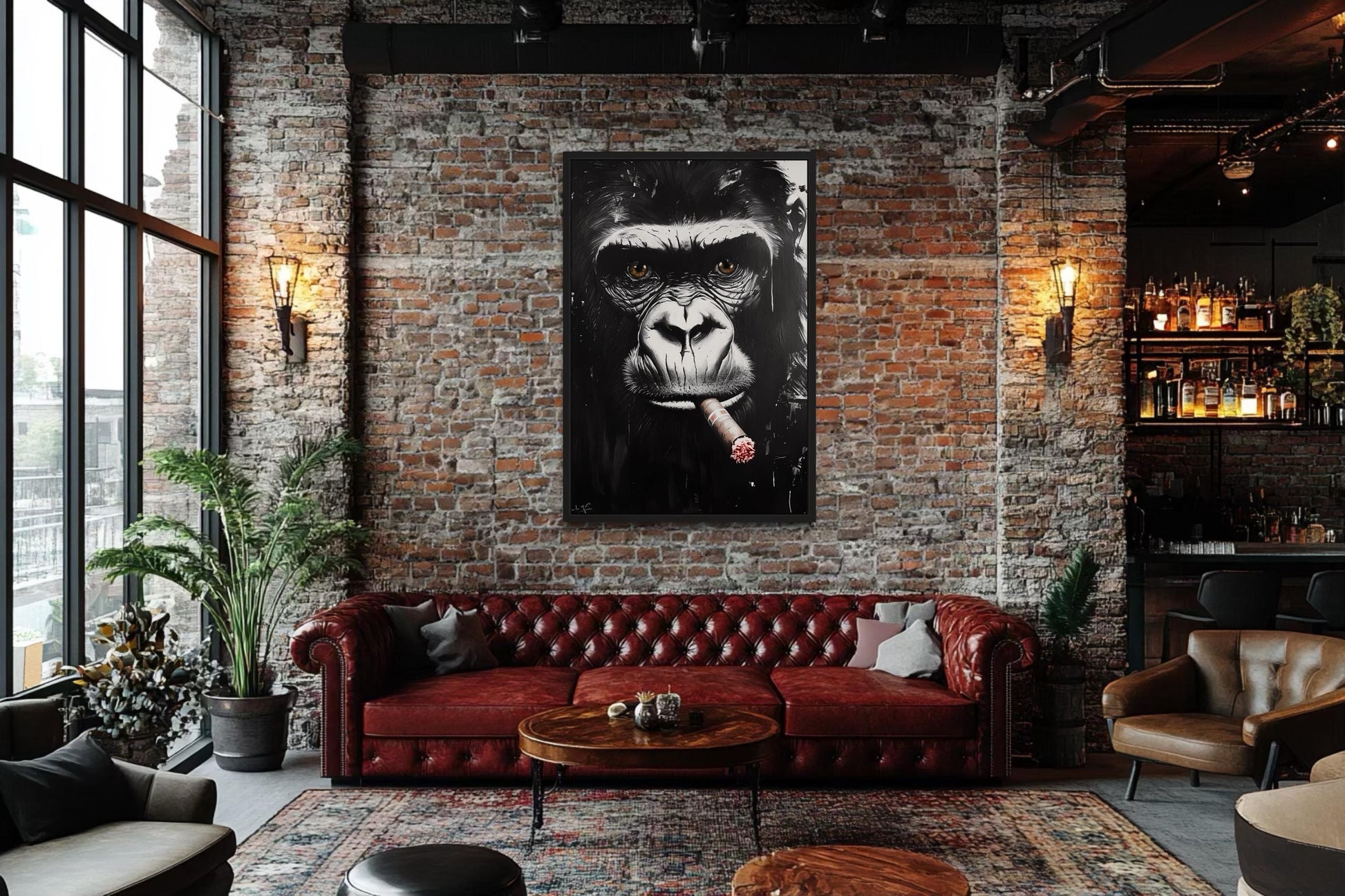 Black White Gorilla Smoking Cigar Canvas Wall Art