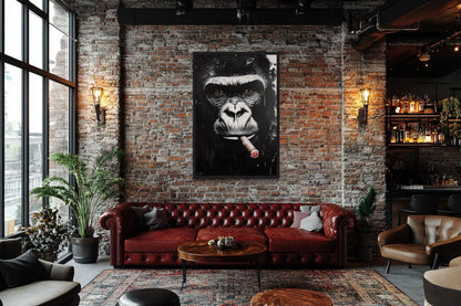 Black White Gorilla Smoking Cigar Canvas Wall Art