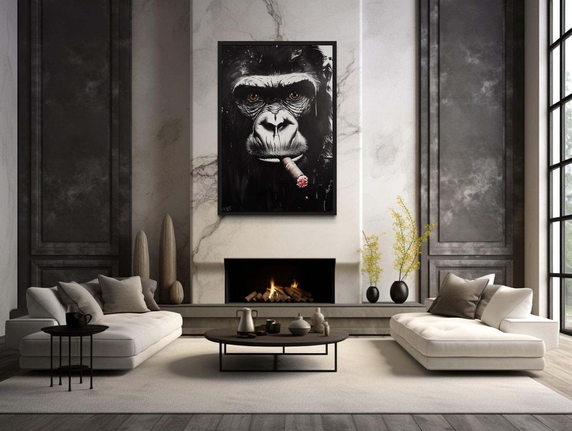 Black White Gorilla Smoking Cigar Canvas Wall Art