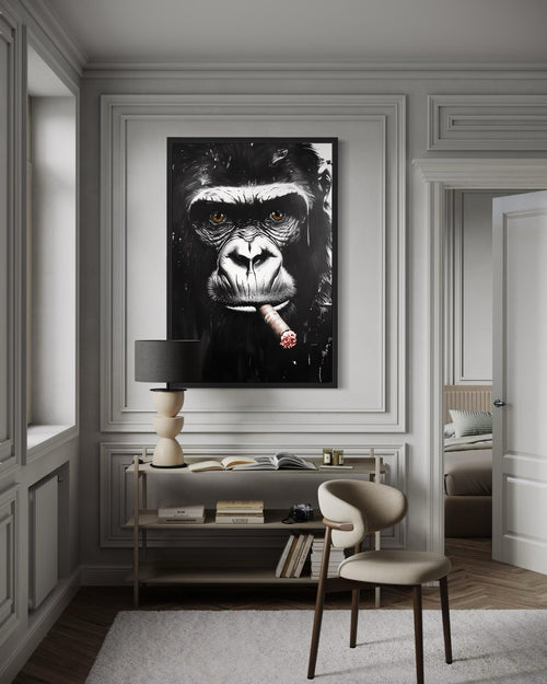 Black White Gorilla Smoking Cigar Canvas Wall Art