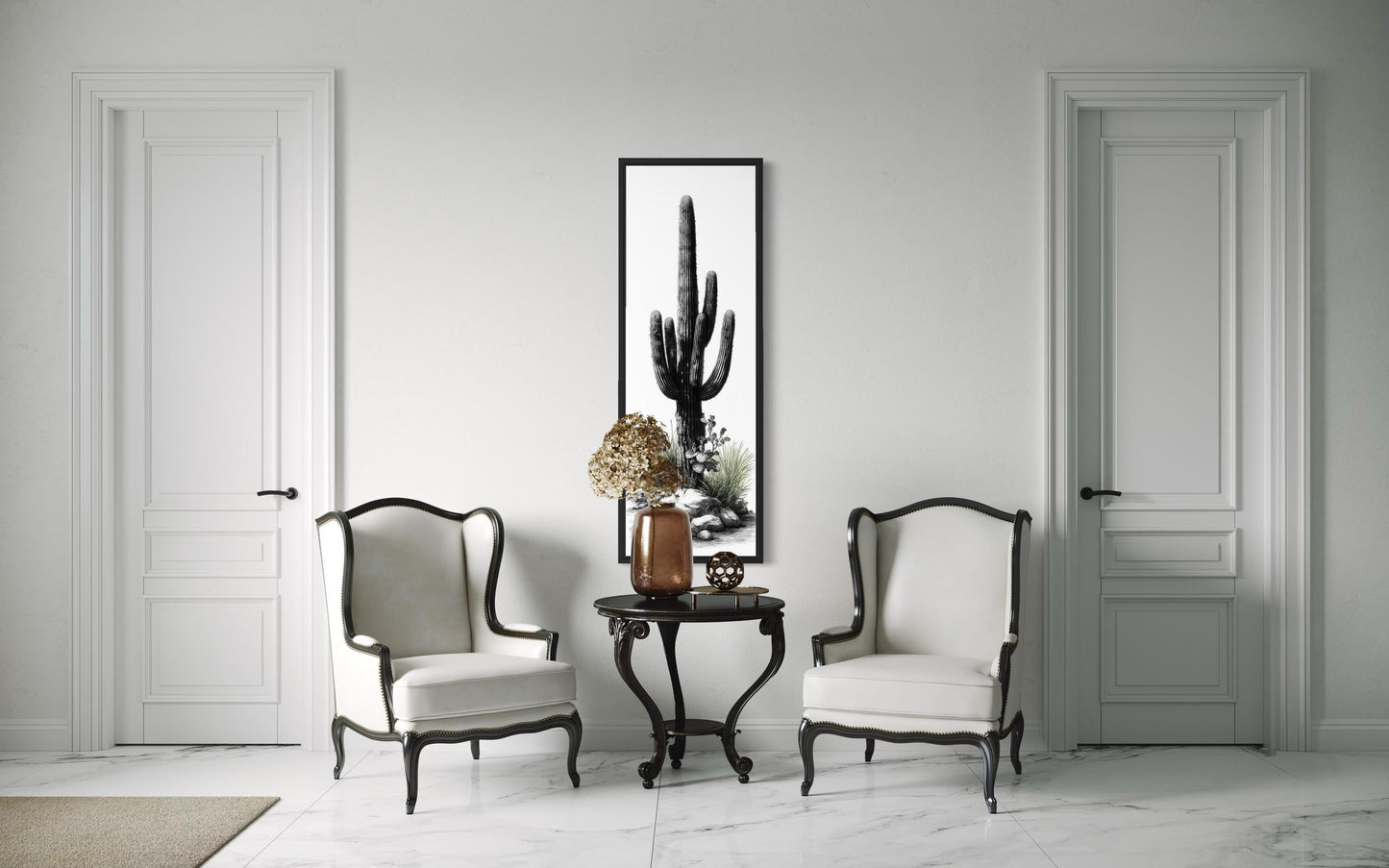 Black White Green Saguaro Cactus Wall Art - Tall Narrow Desert Canvas