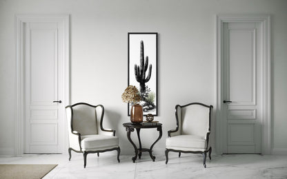 Black White Green Saguaro Cactus Wall Art - Tall Narrow Desert Canvas