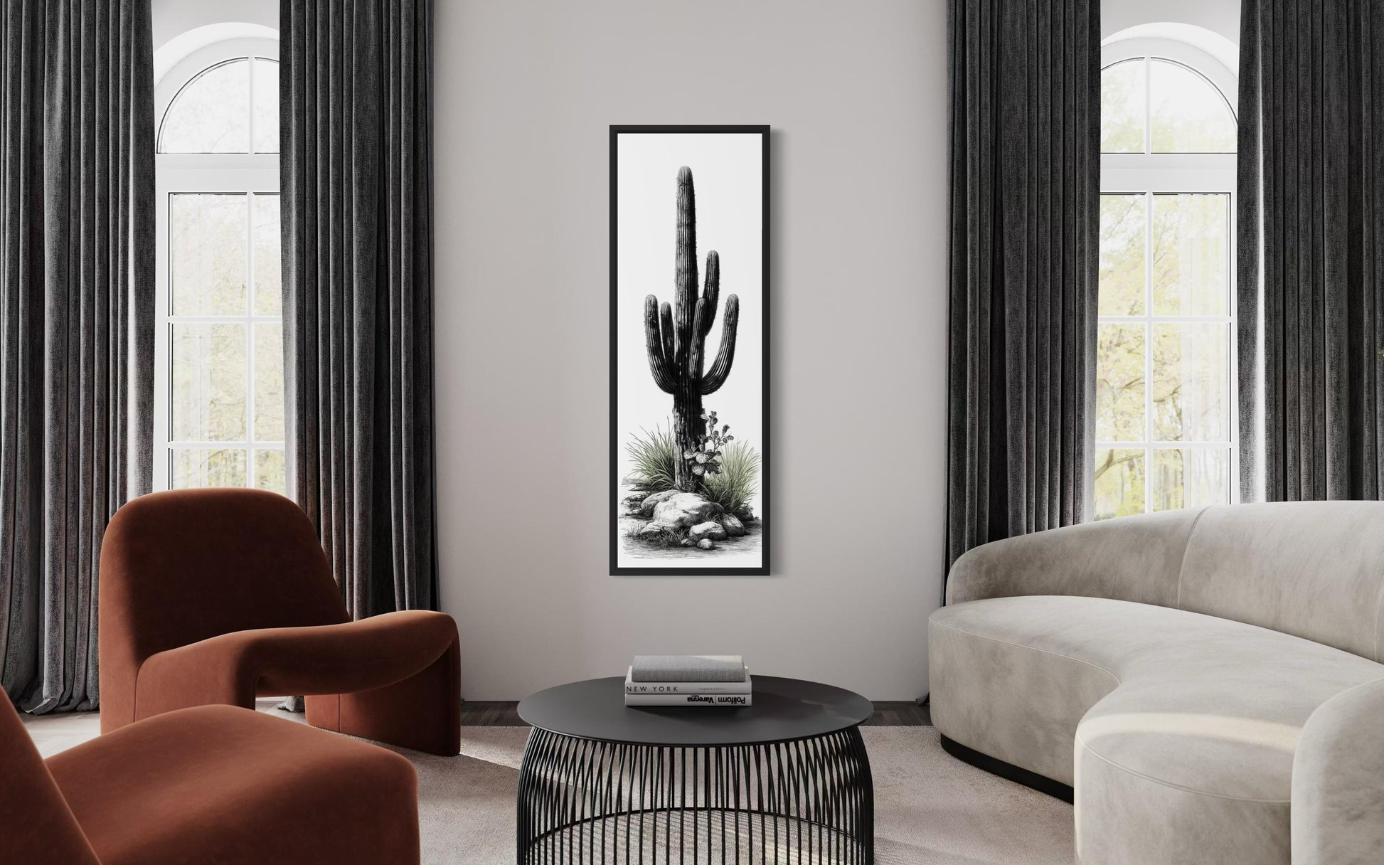 Black White Green Saguaro Cactus Wall Art - Tall Narrow Desert Canvas