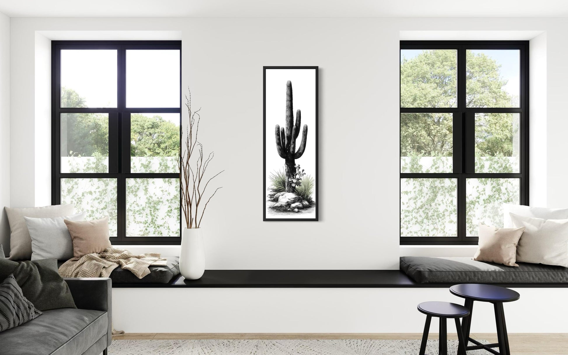 Black White Green Saguaro Cactus Wall Art - Tall Narrow Desert Canvas