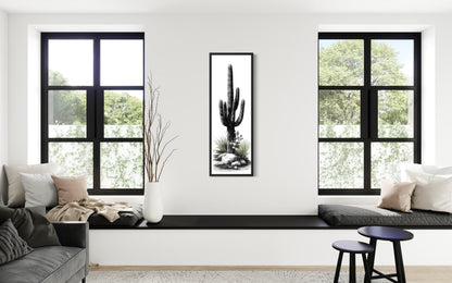 Black White Green Saguaro Cactus Wall Art - Tall Narrow Desert Canvas