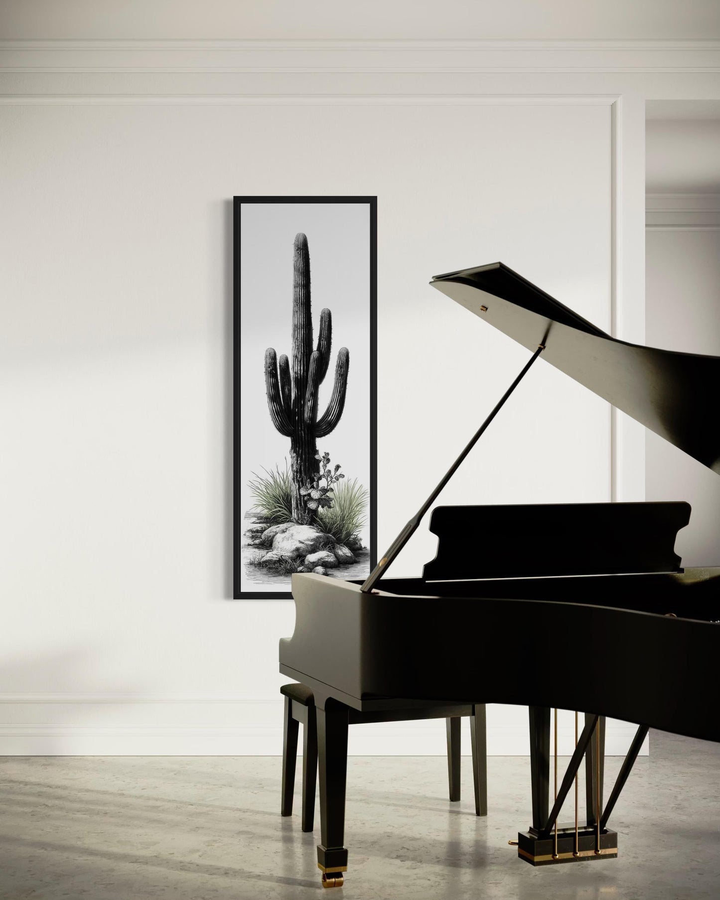 Black White Green Saguaro Cactus Wall Art - Tall Narrow Desert Canvas