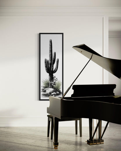 Black White Green Saguaro Cactus Wall Art - Tall Narrow Desert Canvas