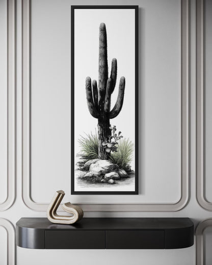 Black White Green Saguaro Cactus Wall Art - Tall Narrow Desert Canvas
