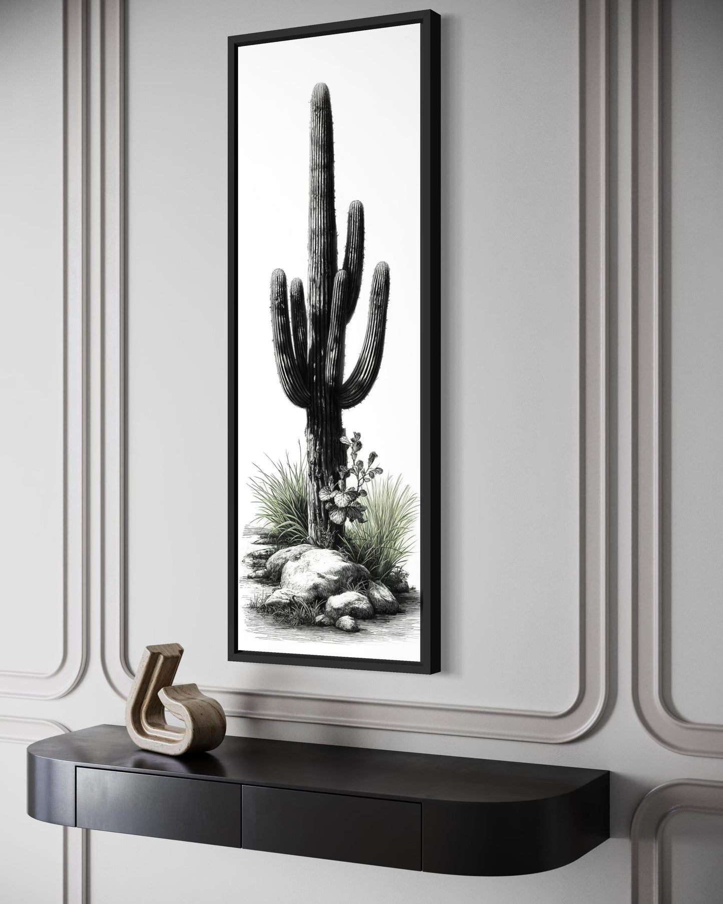 Black White Green Saguaro Cactus Wall Art - Tall Narrow Desert Canvas