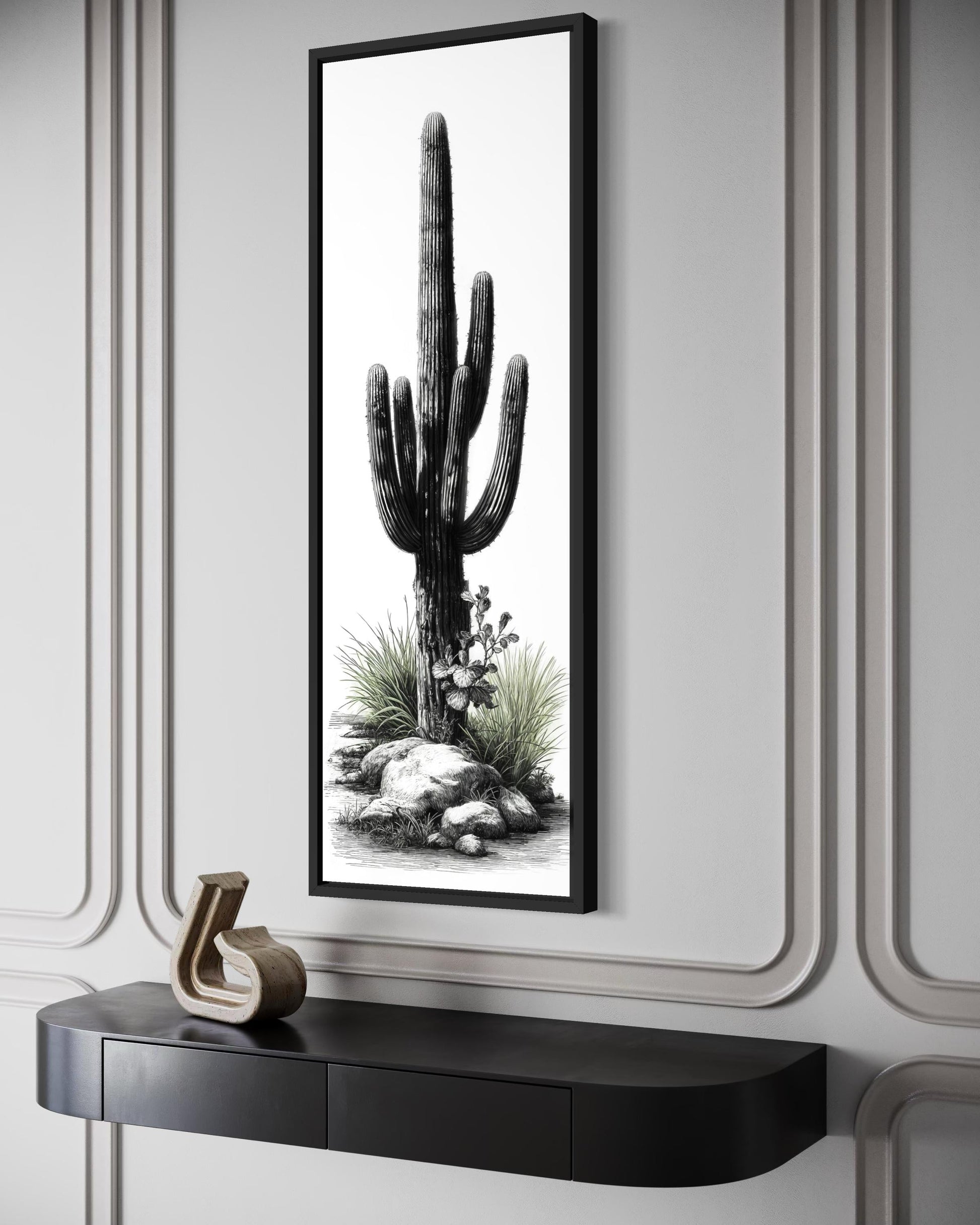 Black White Green Saguaro Cactus Wall Art - Tall Narrow Desert Canvas