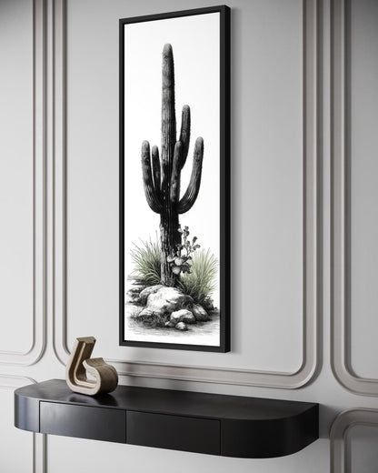 Black White Green Saguaro Cactus Wall Art - Tall Narrow Desert Canvas