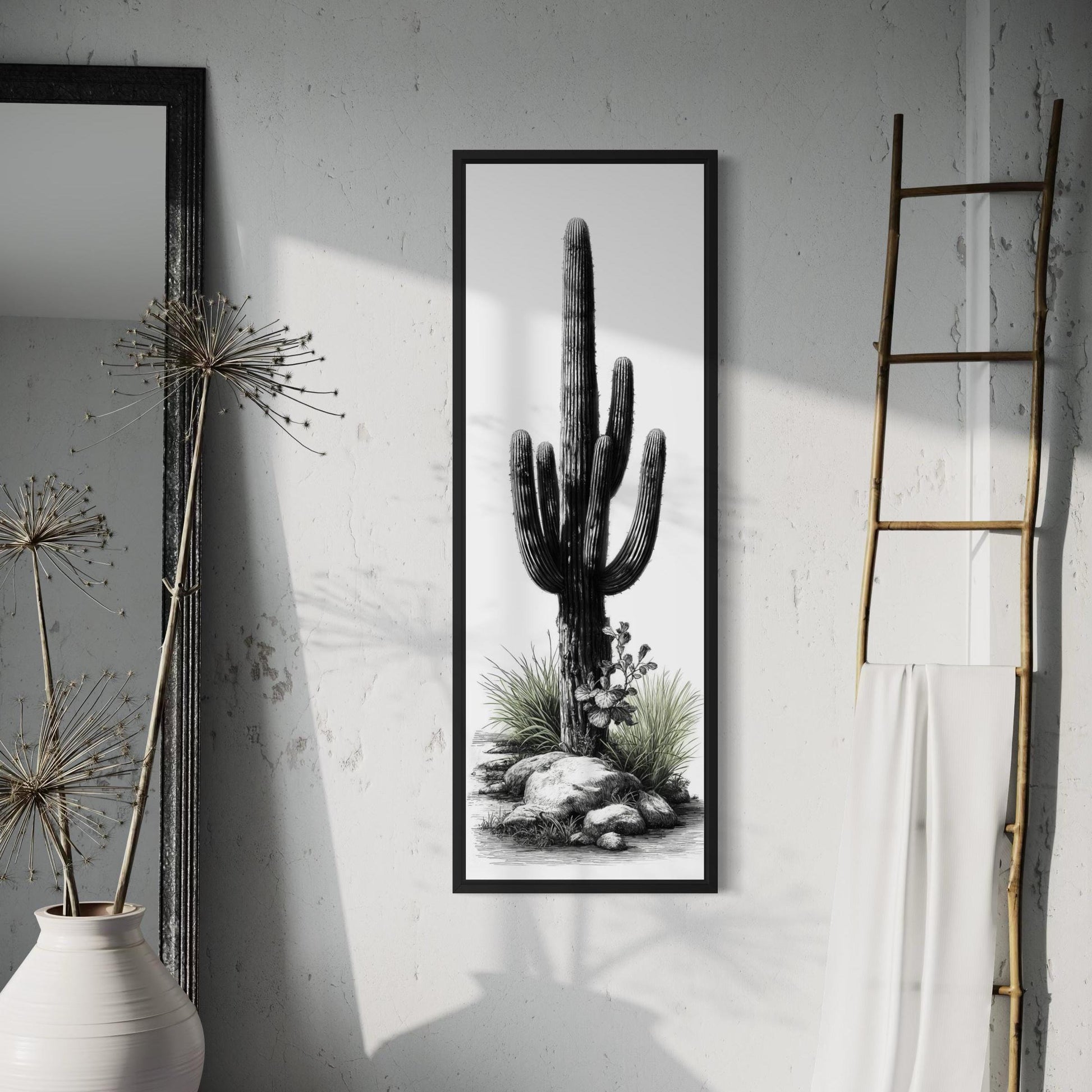 Black White Green Saguaro Cactus Wall Art - Tall Narrow Desert Canvas
