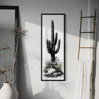 Black White Green Saguaro Cactus Wall Art - Tall Narrow Desert Canvas