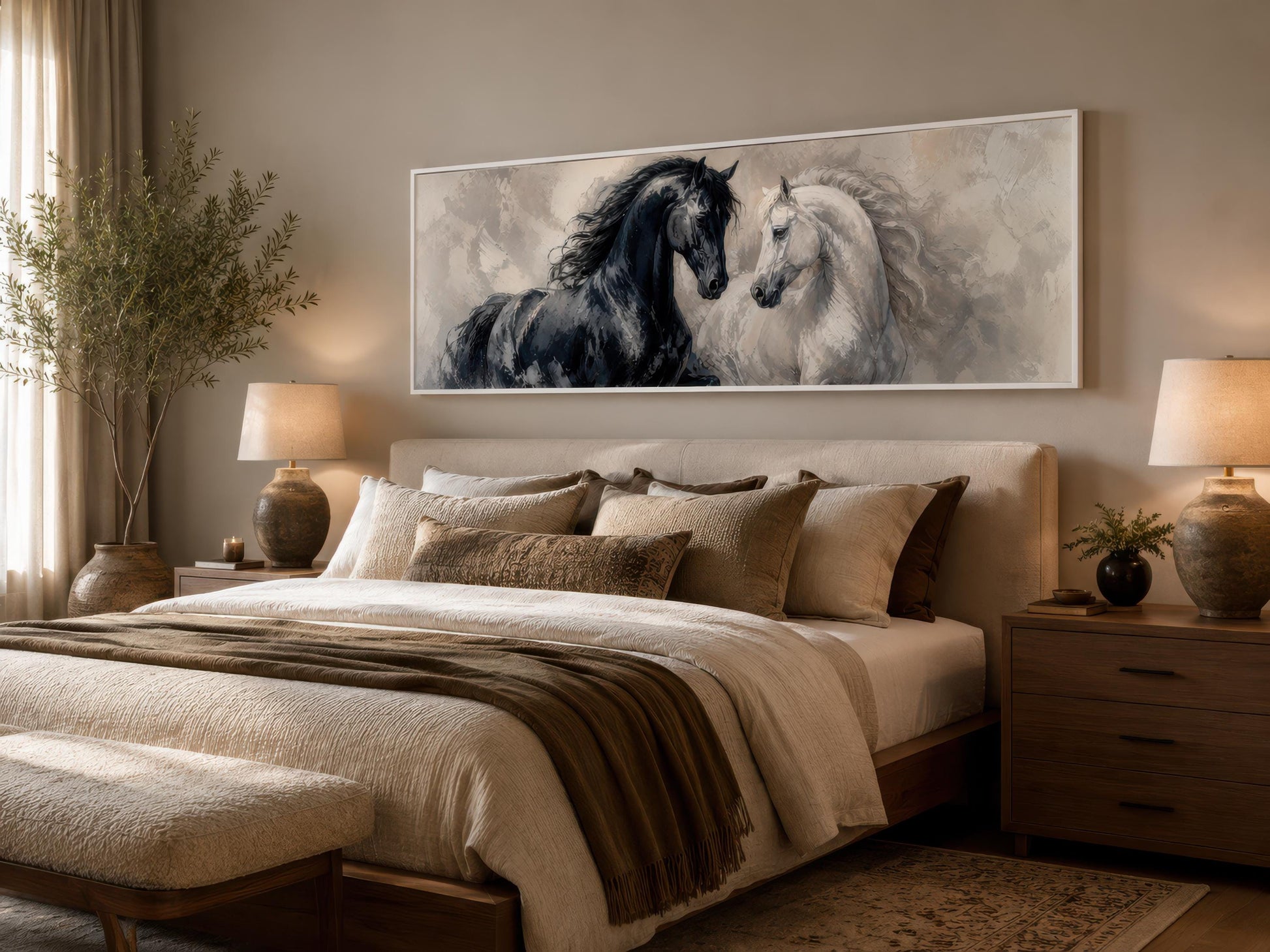 Black White Horses Art - Romantic Equestrian Canvas Print | Long Horizontal Wall Decor