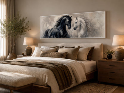 Black White Horses Art - Romantic Equestrian Canvas Print | Long Horizontal Wall Decor