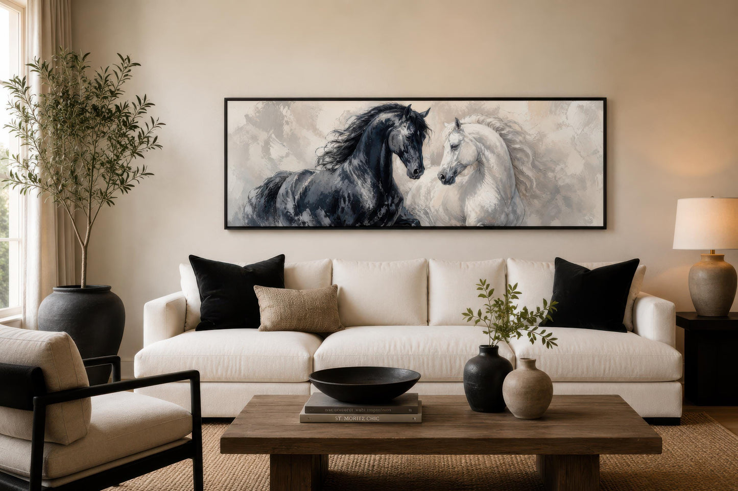 Black White Horses Art - Romantic Equestrian Canvas Print | Long Horizontal Wall Decor