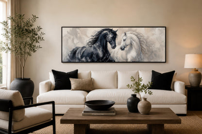 Black White Horses Art - Romantic Equestrian Canvas Print | Long Horizontal Wall Decor