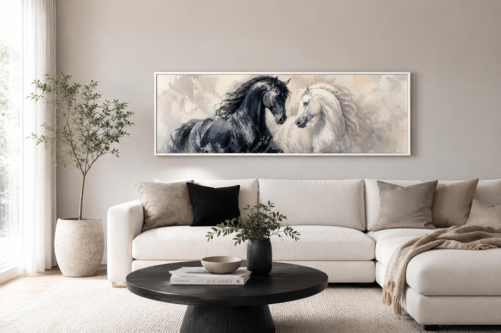 Black White Horses Art - Romantic Equestrian Canvas Print | Long Horizontal Wall Decor