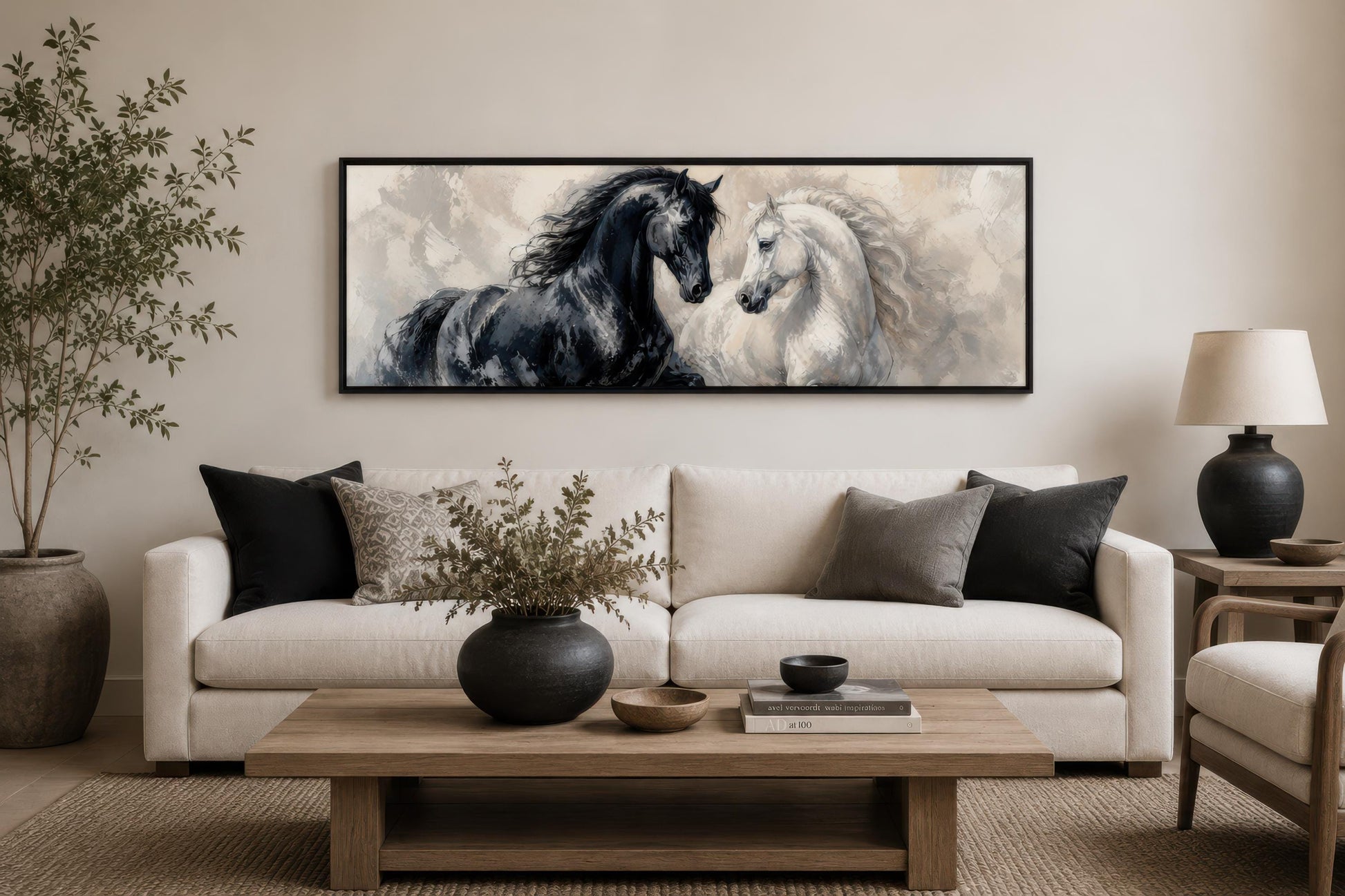 Black White Horses Art - Romantic Equestrian Canvas Print | Long Horizontal Wall Decor