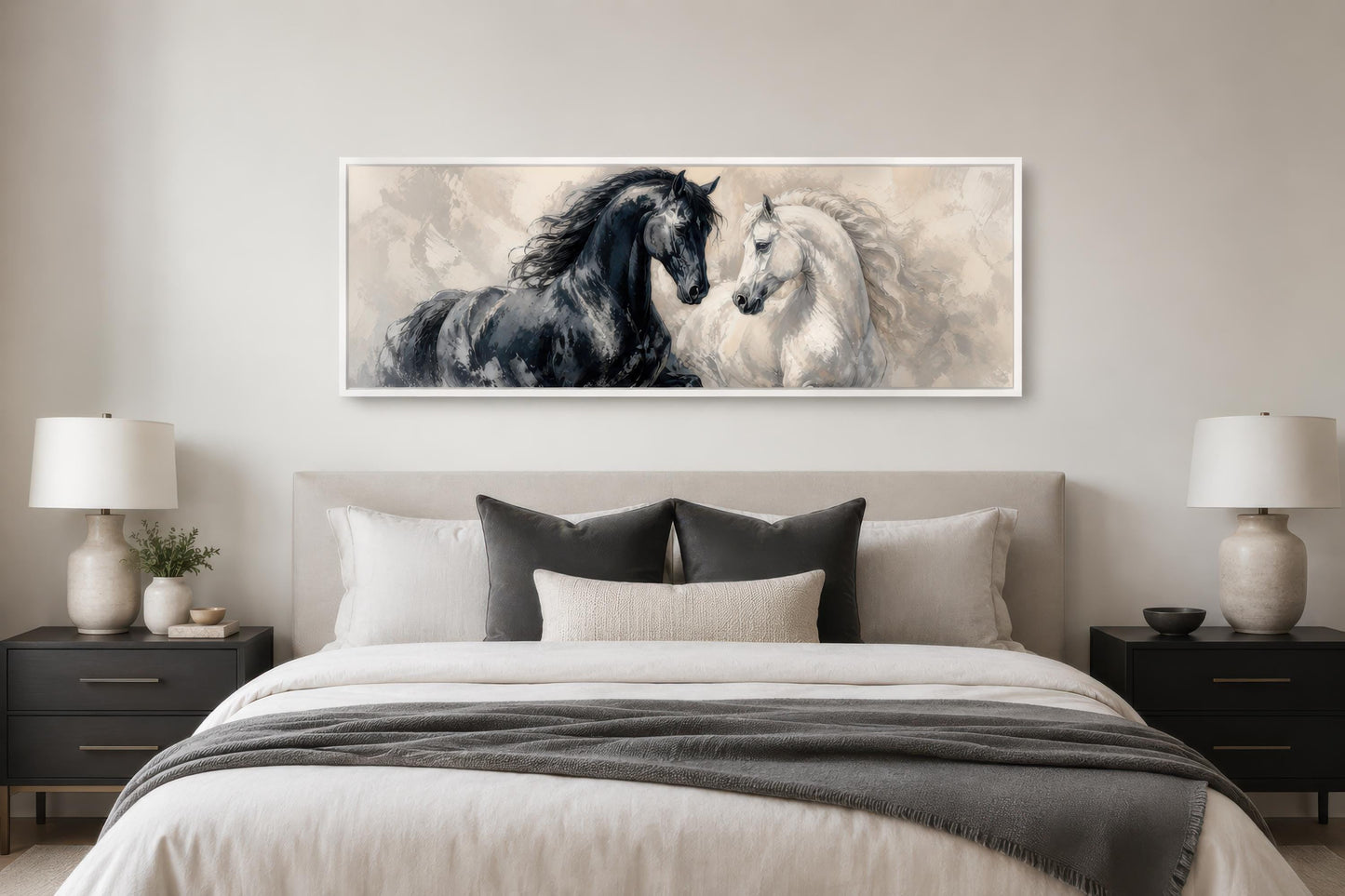 Black White Horses Art - Romantic Equestrian Canvas Print | Long Horizontal Wall Decor