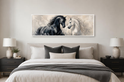 Black White Horses Art - Romantic Equestrian Canvas Print | Long Horizontal Wall Decor