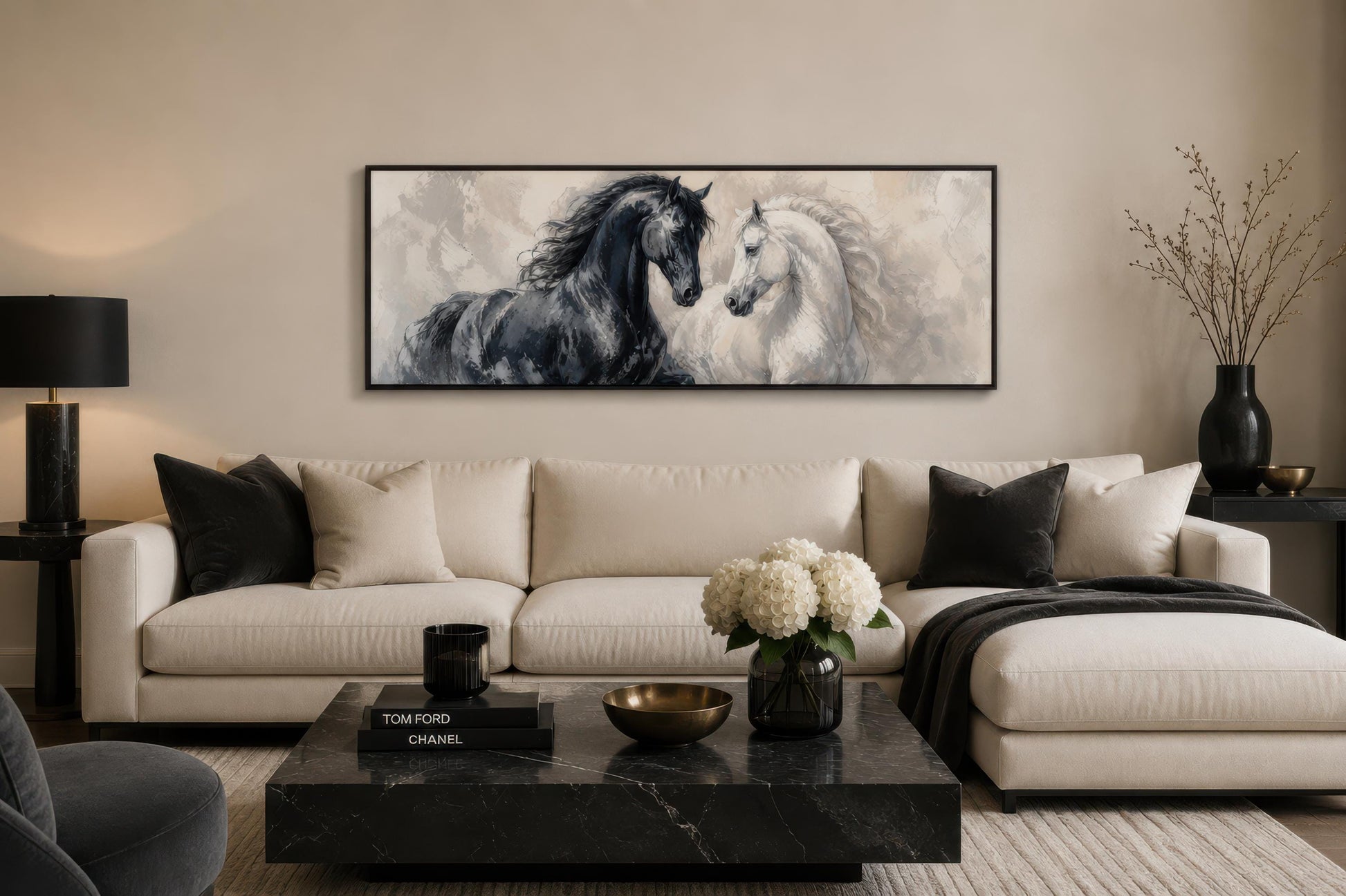 Black White Horses Art - Romantic Equestrian Canvas Print | Long Horizontal Wall Decor