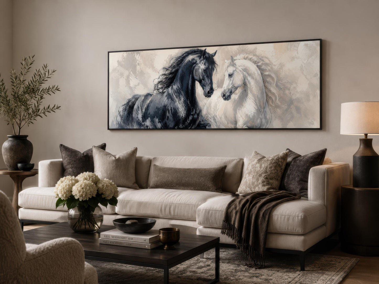 Black White Horses Art - Romantic Equestrian Canvas Print | Long Horizontal Wall Decor