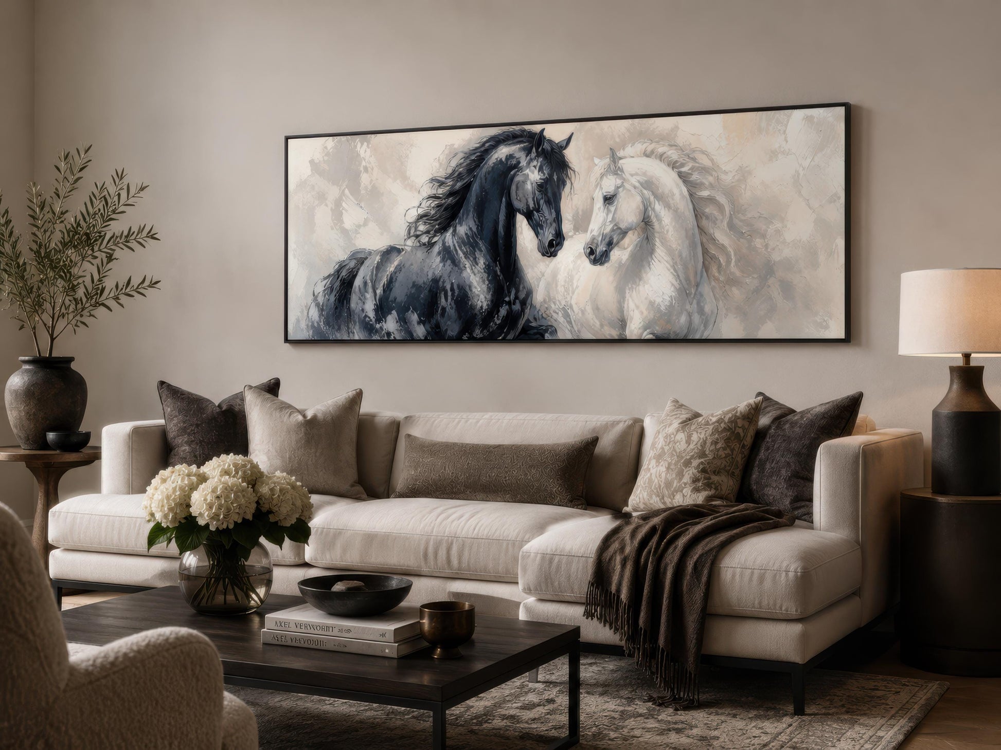 Black White Horses Art - Romantic Equestrian Canvas Print | Long Horizontal Wall Decor