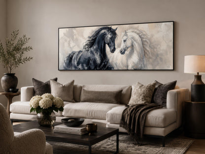 Black White Horses Art - Romantic Equestrian Canvas Print | Long Horizontal Wall Decor