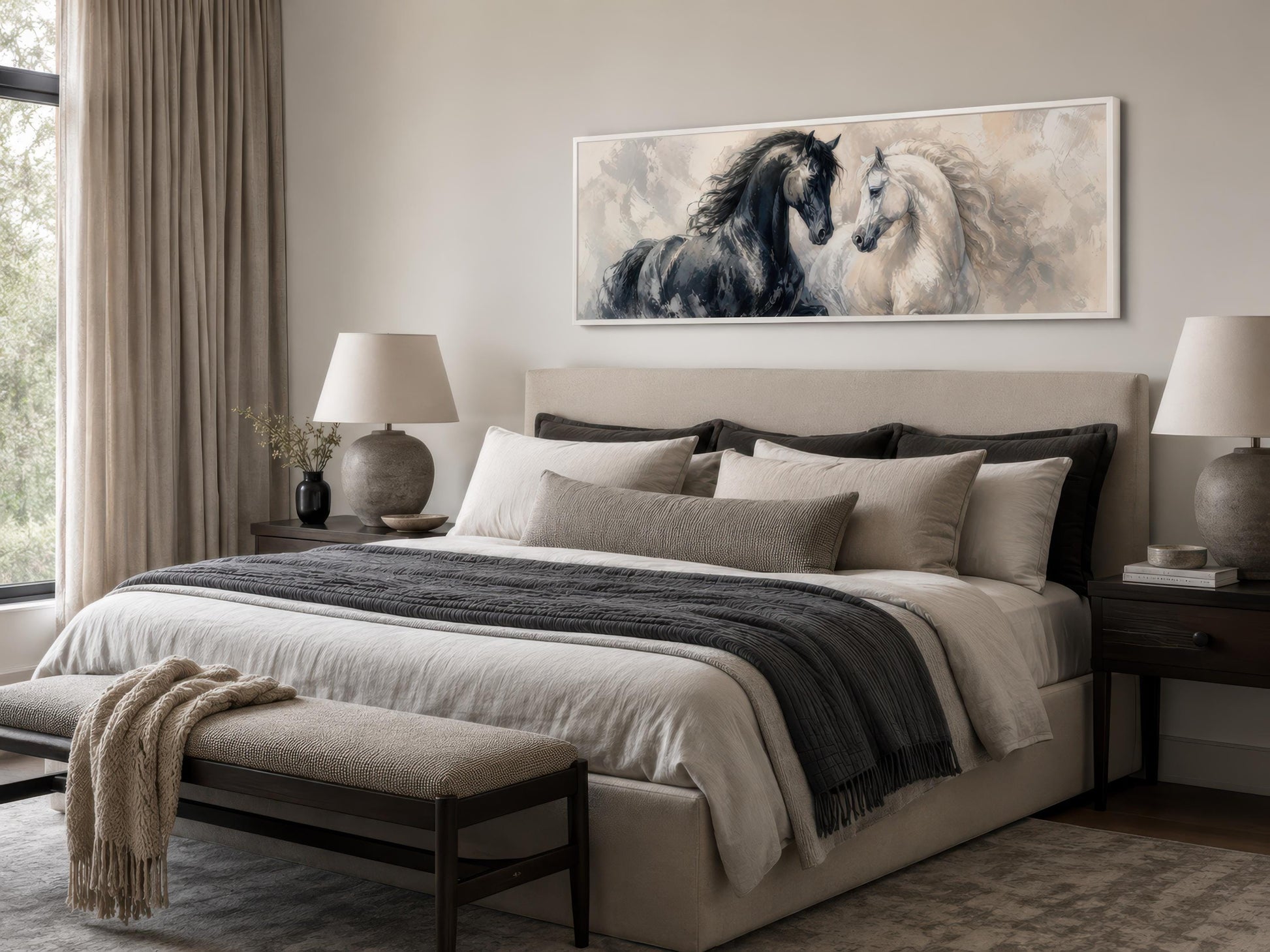 Black White Horses Art - Romantic Equestrian Canvas Print | Long Horizontal Wall Decor
