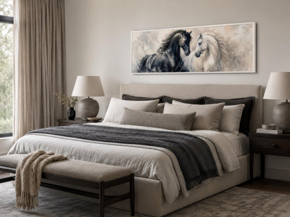 Black White Horses Art - Romantic Equestrian Canvas Print | Long Horizontal Wall Decor