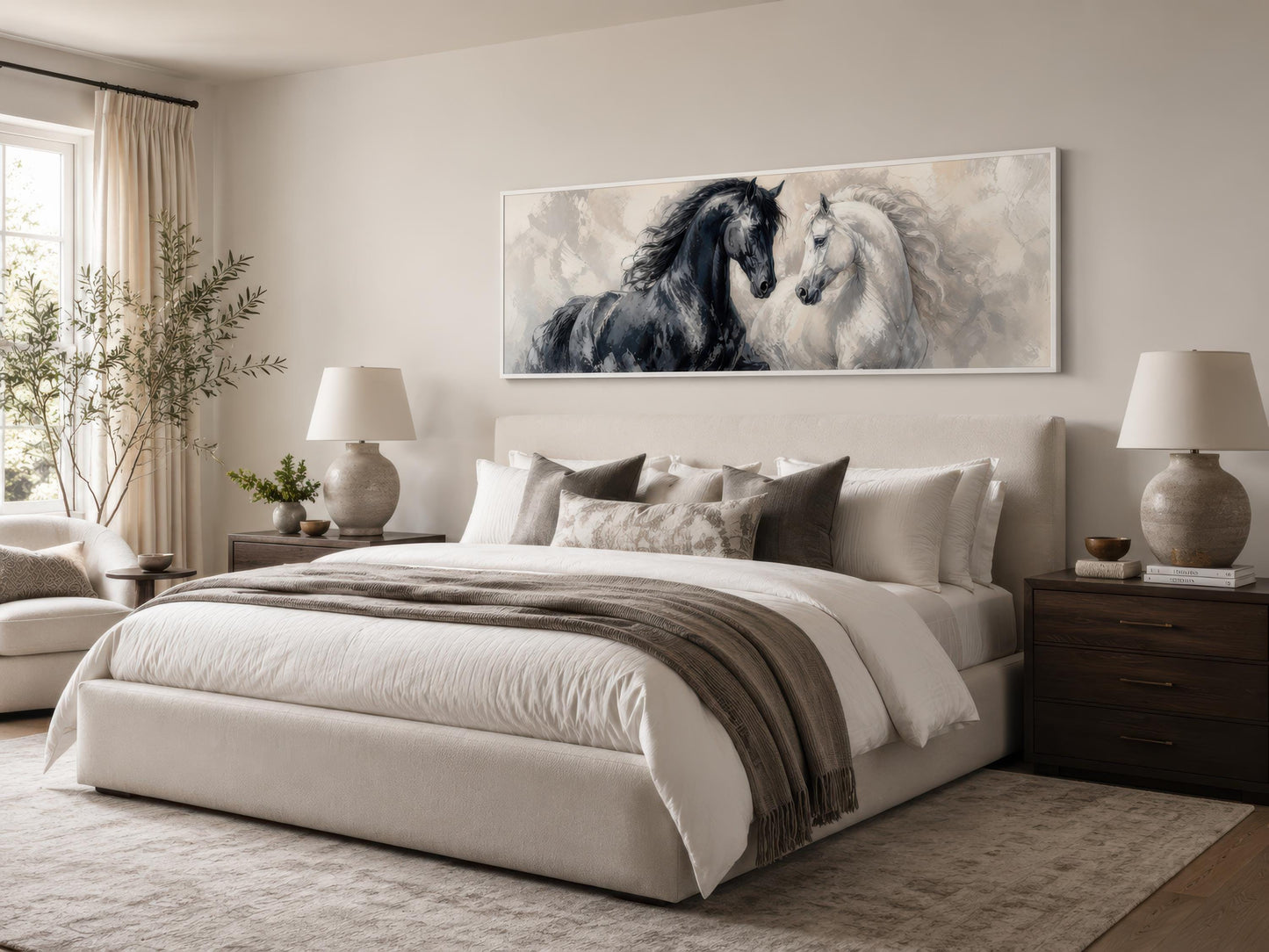 Black White Horses Art - Romantic Equestrian Canvas Print | Long Horizontal Wall Decor