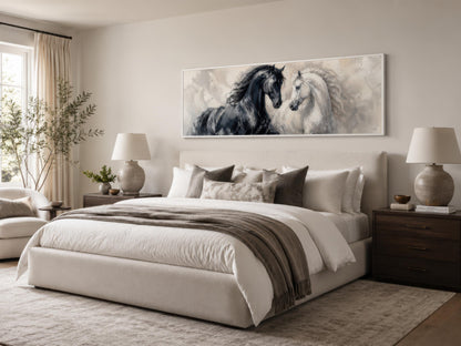 Black White Horses Art - Romantic Equestrian Canvas Print | Long Horizontal Wall Decor