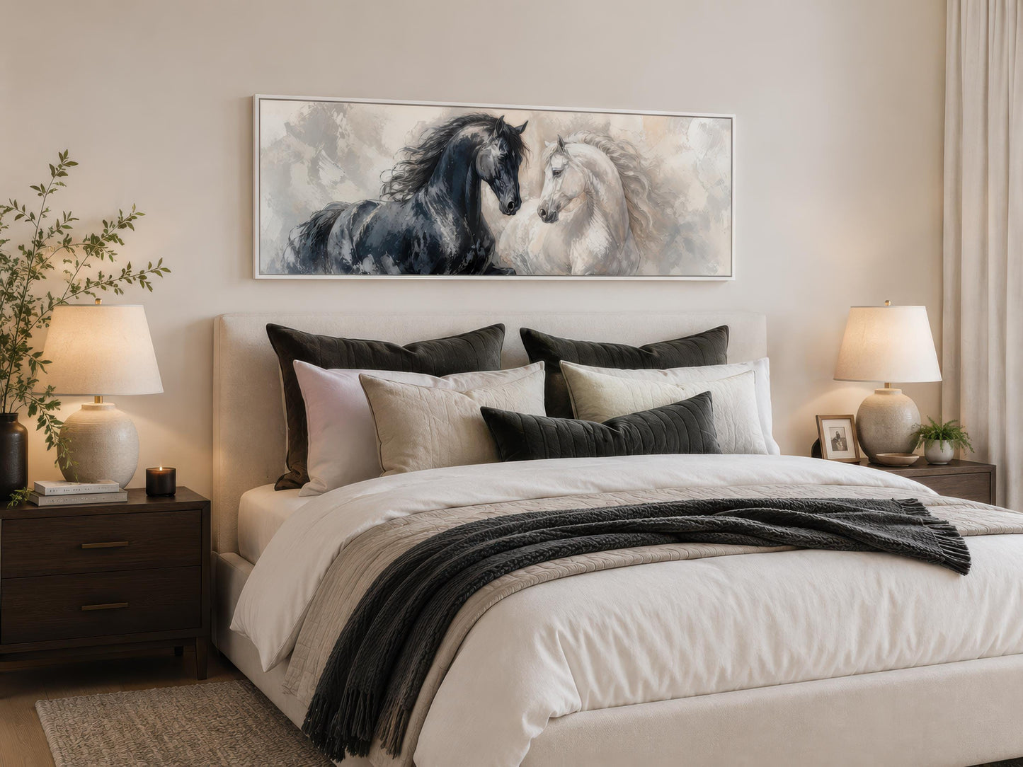 Black White Horses Art - Romantic Equestrian Canvas Print | Long Horizontal Wall Decor