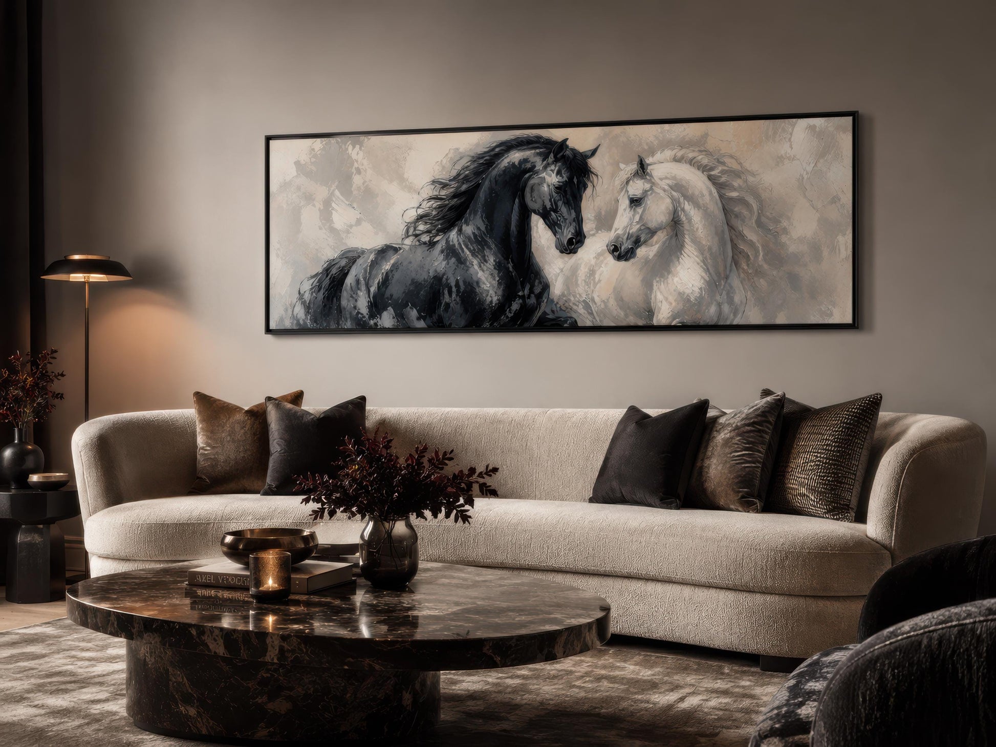 Black White Horses Art - Romantic Equestrian Canvas Print | Long Horizontal Wall Decor