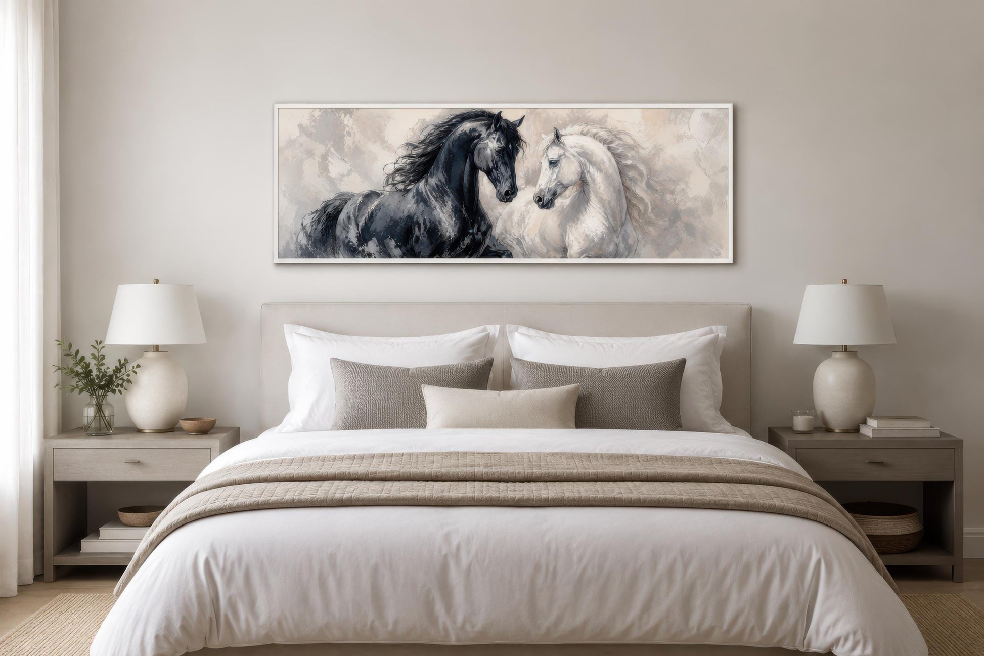 Black White Horses Art - Romantic Equestrian Canvas Print | Long Horizontal Wall Decor