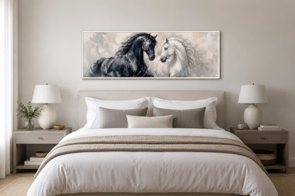 Black White Horses Art - Romantic Equestrian Canvas Print | Long Horizontal Wall Decor