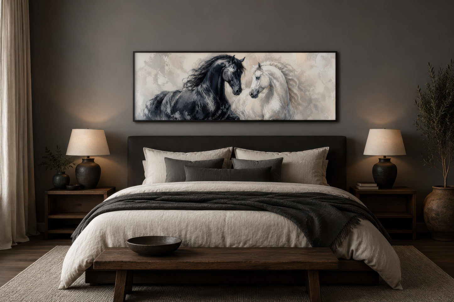 Black White Horses Art - Romantic Equestrian Canvas Print | Long Horizontal Wall Decor